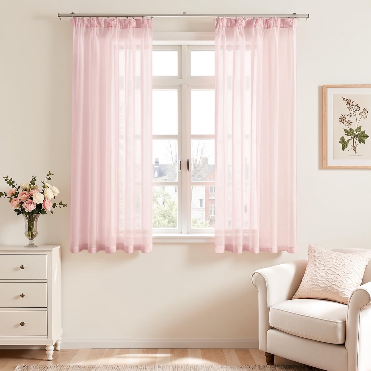 Voile gordijnen kort met plooiband set van 2 H 145 x B 140 cm, roze