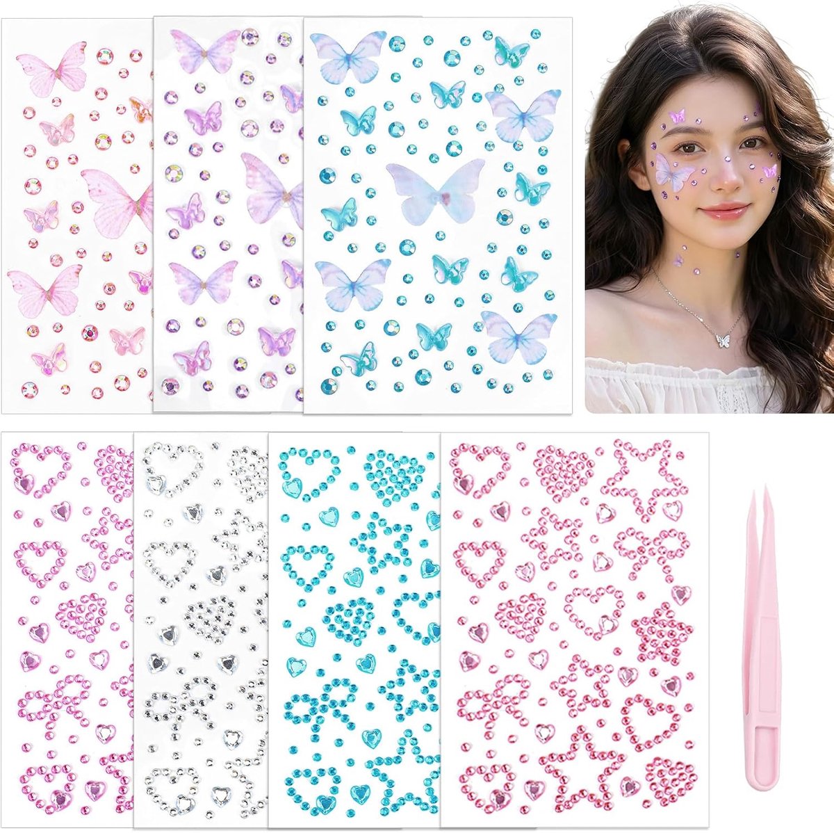 7 stuks vlinder-gezichtsstickers, waterdichte vlindertattoo, zelfklevende glitterstenen, gezichtsstickers voor vrouwen en meisjes, ogen