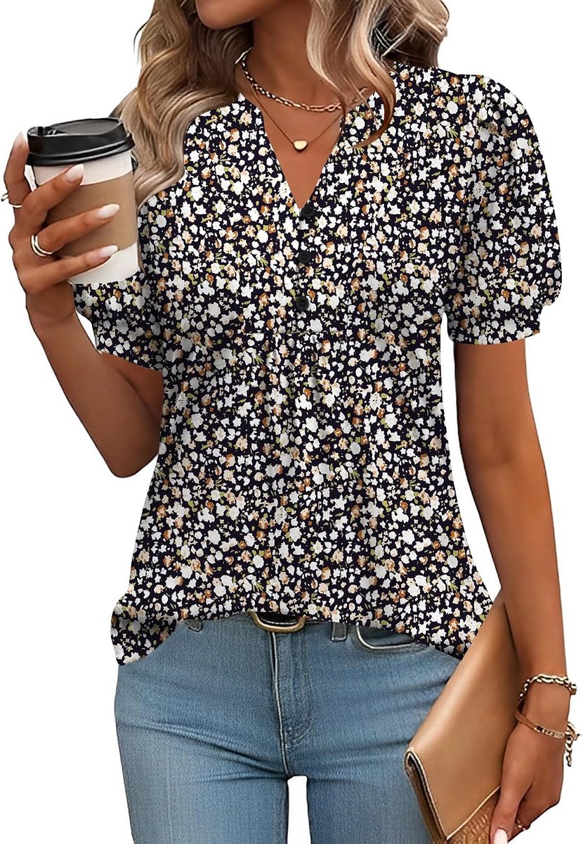 Dames T-shirt met V-hals, pofmouwen, korte mouwen, knopen, plooien en tuniekmodel. Damesblouse.