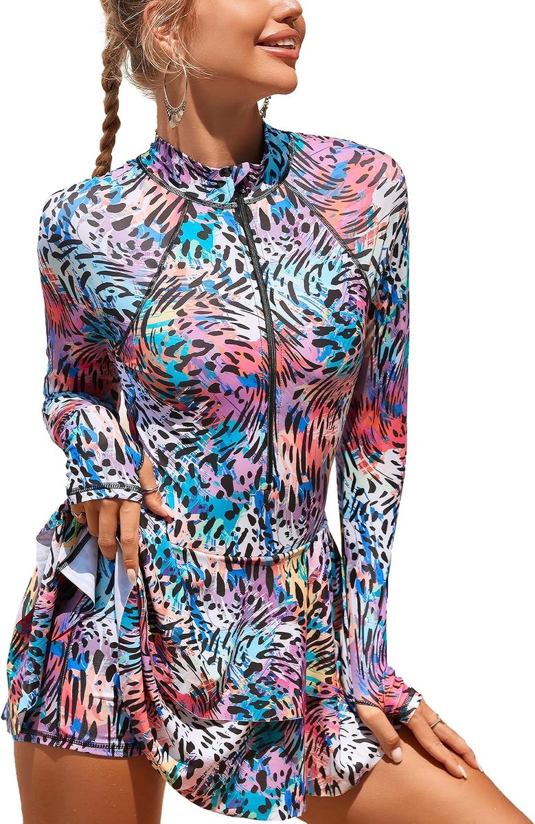 Badjurk voor dames, lange mouwen, eendelig badpak, zwemrok, sneldrogend, Rash Guard zwemjurk, zonwering voor watersport, S-XXL