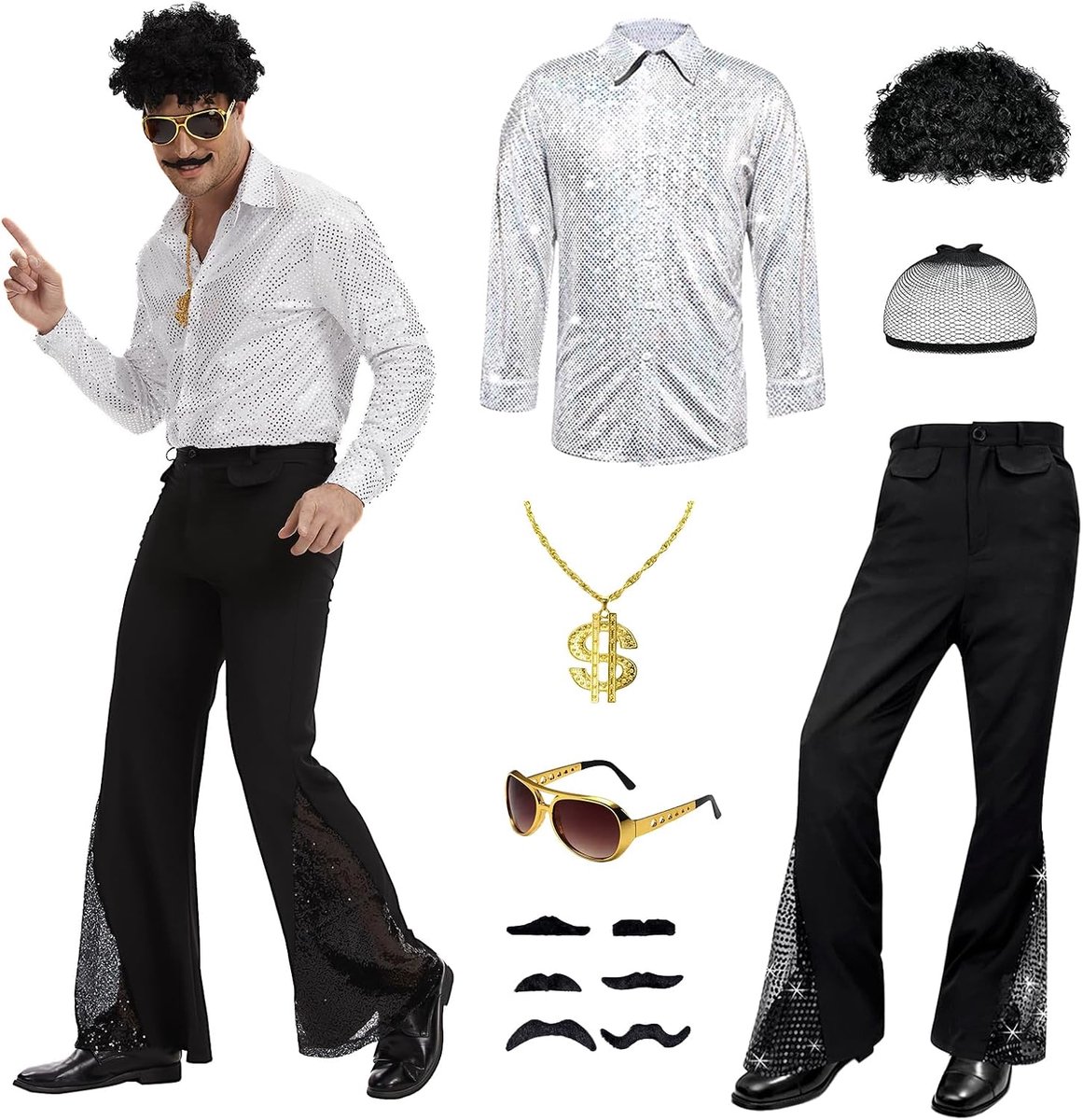 hippie kostuum set voor volwassenen - retro jaren 70-80 stijl outfit met shirt, broek, afropruik, ketting, hippie funky zonnebril en baard sticker