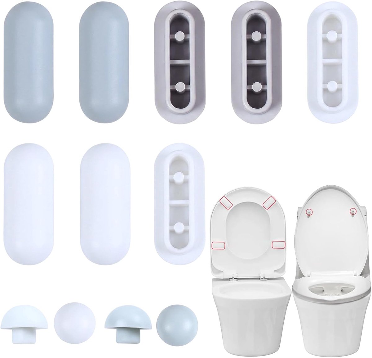 12 stuks wc-brilbufferset, universele wc-dekselbuffers (8 zitringen + 4 deksels), wc-dekselstopper, reserveonderdelen voor toiletbril, wc-brildemper, grijs en wit