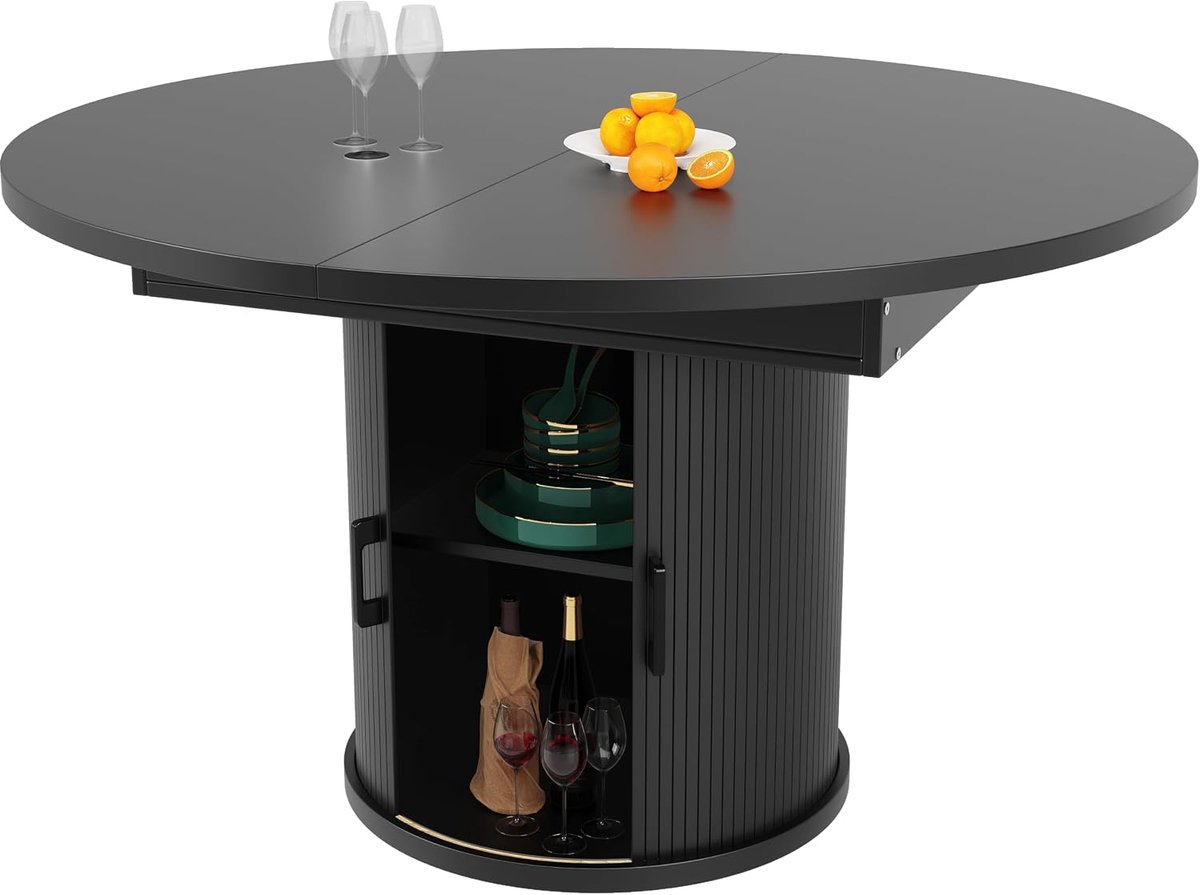 Eettafel met opbergruimte, uittrekbaar – Rond/Ovaal 118–158 cm, eetkamertafel voor 4–6 personen, moderne keukentafel met schuifdeur (1 tafel, Black-B)