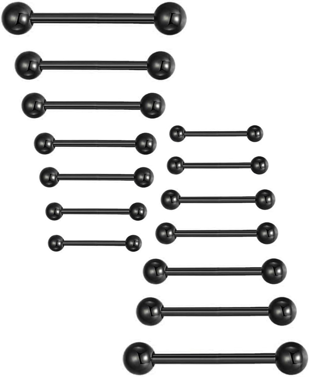 14 stuks, 14 g, chirurgisch staal, tongpiercing, 10/12/14/16/18/20/22 mm, staaf van chirurgisch kunststof (zwarte bal)