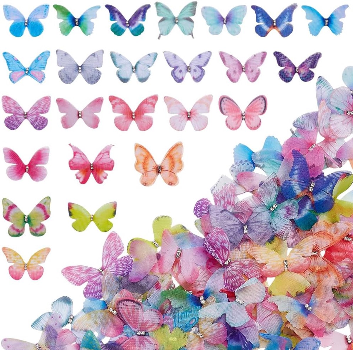 100 stuks 3D vlinders organza mini vlinders met 2 lagen en strass-steentjes kleurrijke vlindervleugels applicaties wanddecoratie