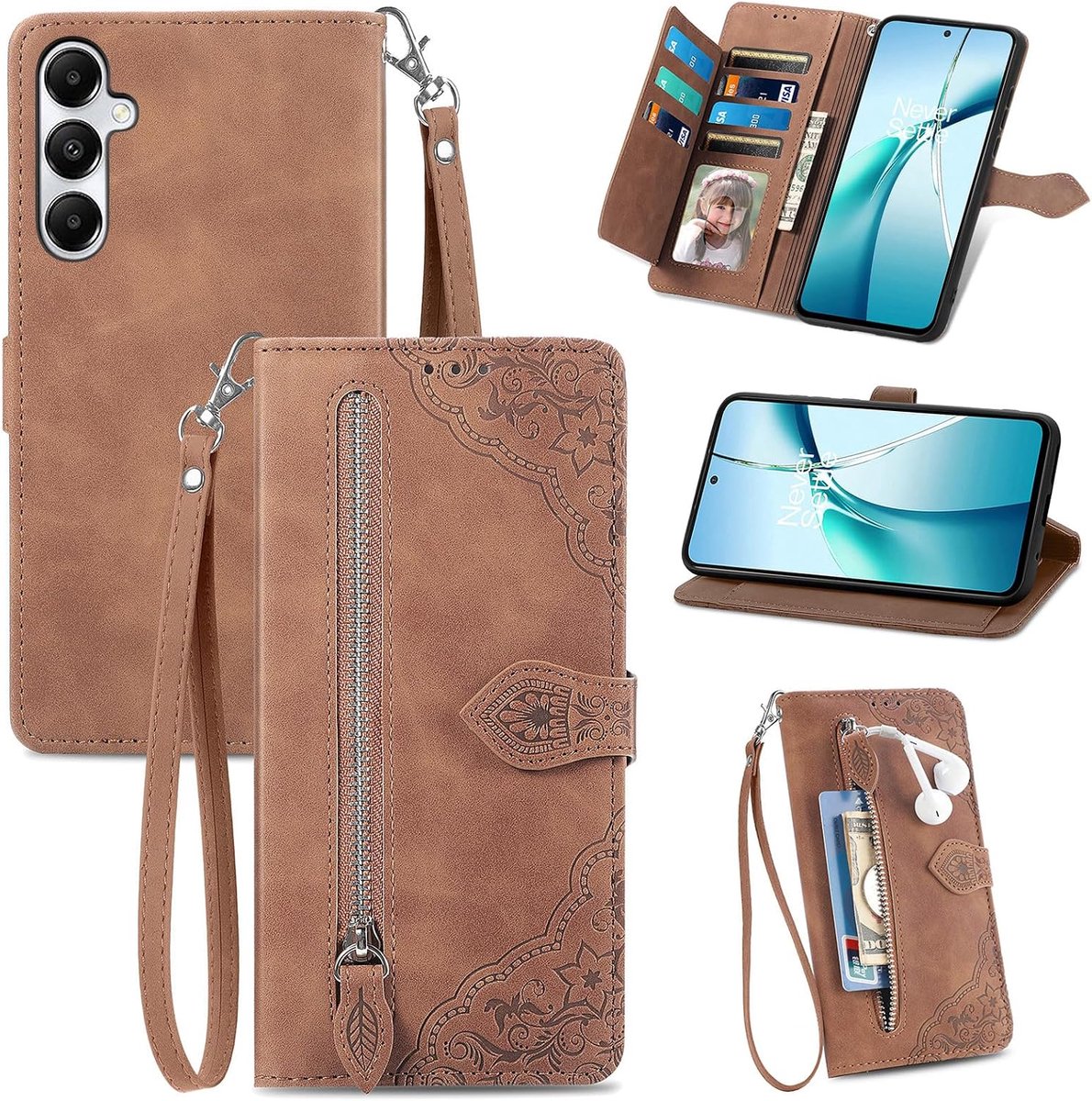 Hoesje voor Samsung Galaxy A17 5G, leren portemonnee flip boekhoes met kaarthouder, standaard en polsband, mooie bloem, schokbestendig beschermhoes, bruin