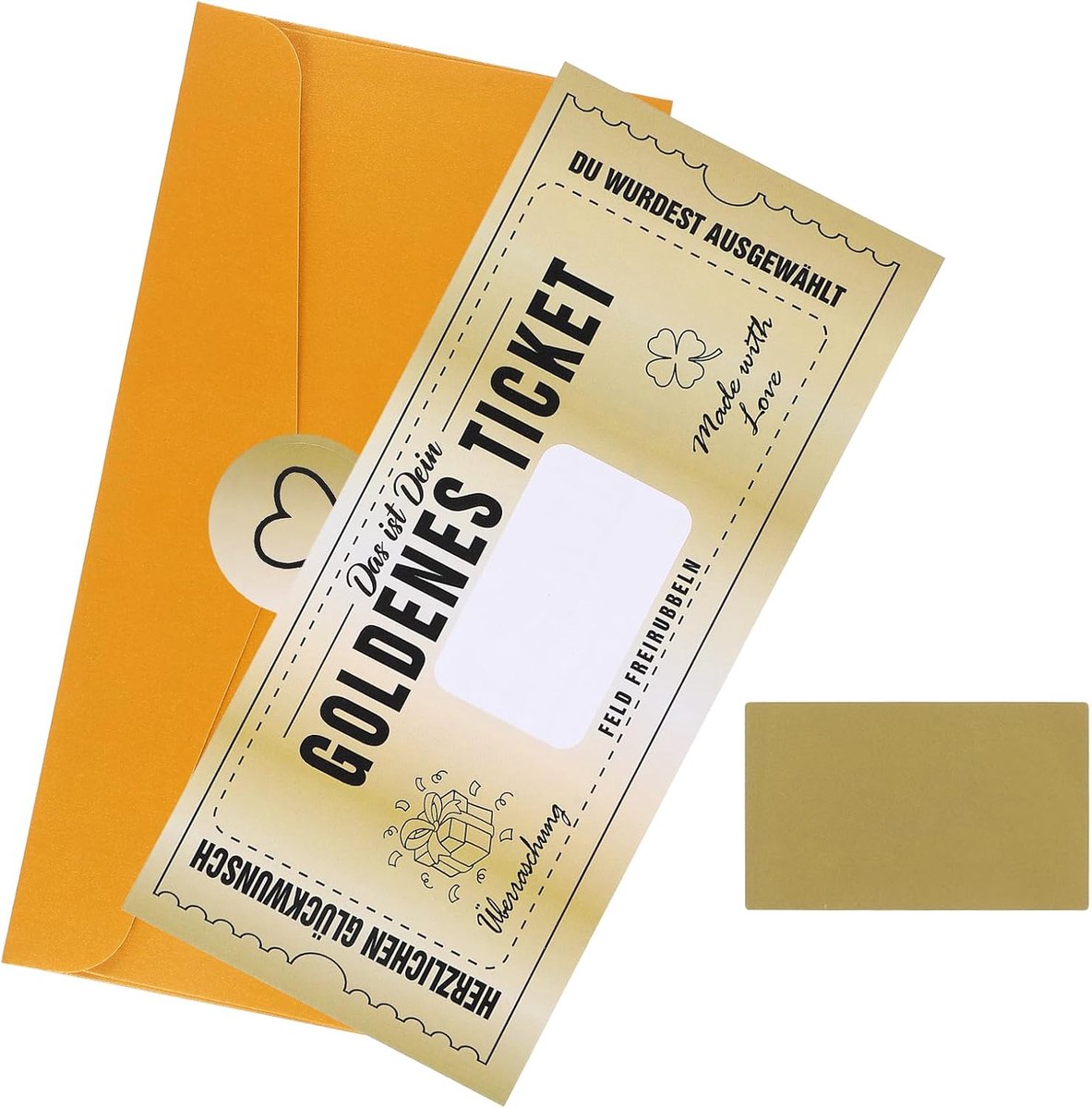 Ticket cadeaubon om zelf in te vullen, creatieve krasvrije zelf maken als persoonlijk cadeau, elegante cadeaubon kaart verjaardag en jubileum, verrassingticket met gouden envelop