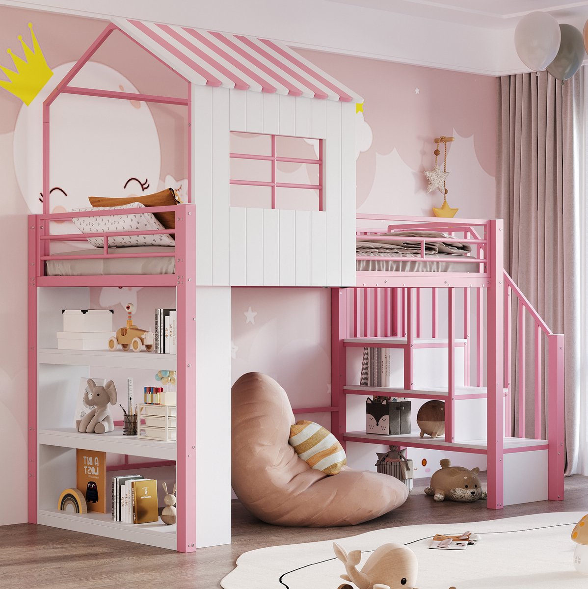 WUVRIE Hoogslaper 90x200 cm met huisdesign, opbergtrap en open vakken, roze