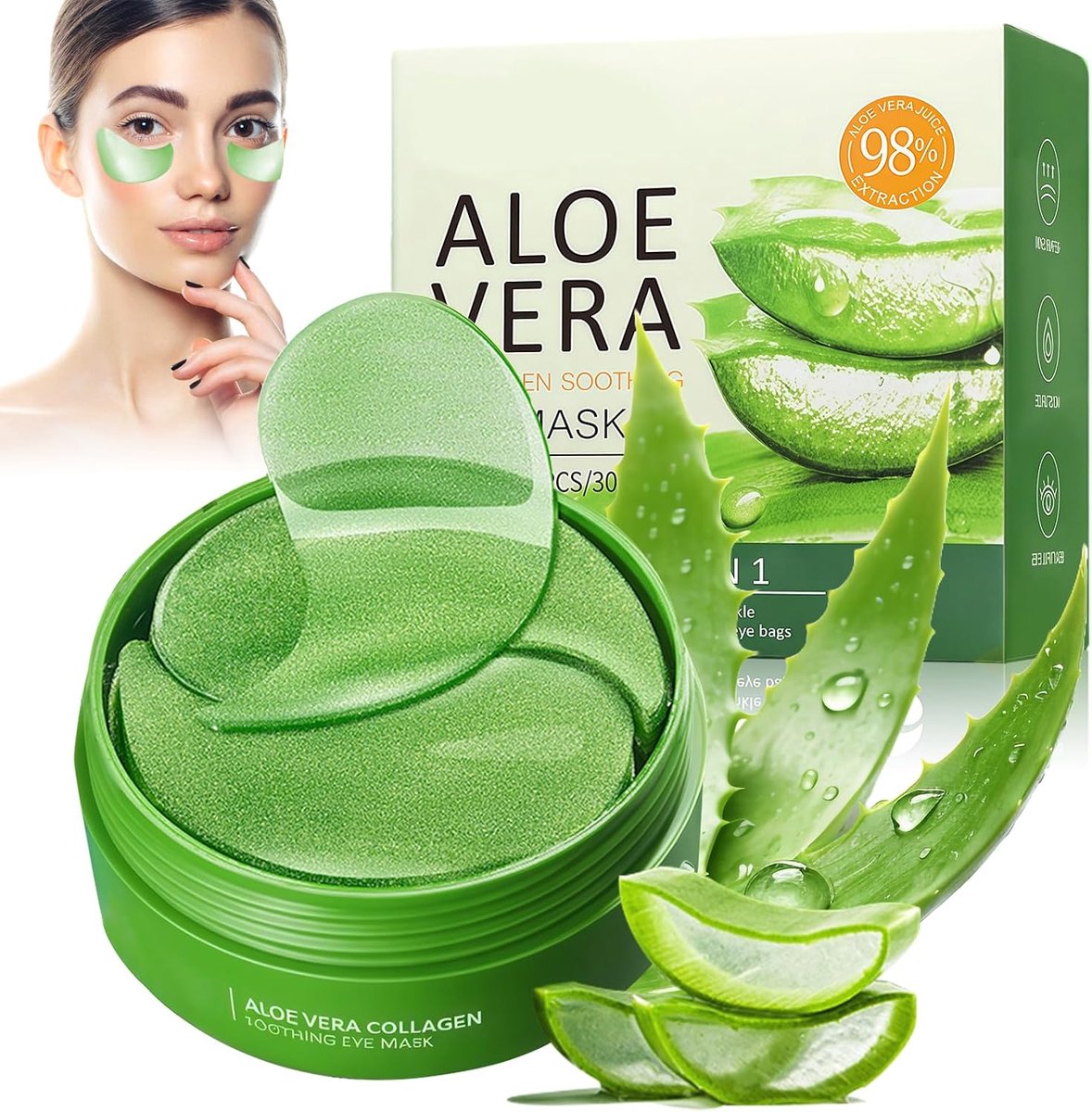 60 stuks oogpads met aloë vera, oogmasker tegen donkere kringen, wallen en fijne lijntjes, hydraterende oogpads voor stralende en frisse ogen, voor vrouwen en mannen