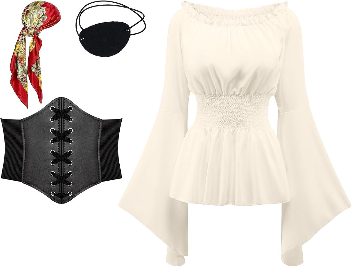 4 stuks piratenkostuum voor dames, middeleeuwse blouse met korsetriem, piratenaccessoires voor Halloween en carnaval
