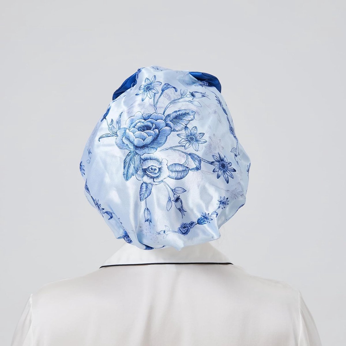 Douchemutsen voor dames, met een verscheidenheid aan patronen, strikontwerp, grote maat waterdichte badmutsen voor lang haar met dubbellaags satijn en EVA-stof (blauwe roos)