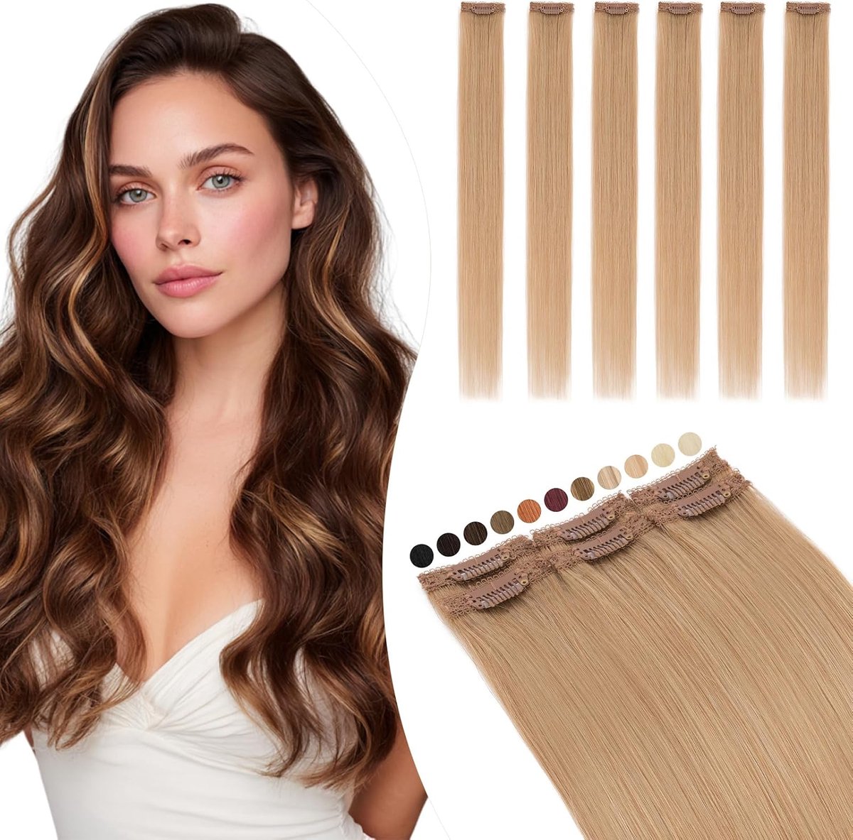 Haarextensies van echt haar, blond, zijdeachtig kant in strengen, haarverlenging, clip, onzichtbaar, 44 g, 50 cm, voor volume/meerdere kleuren (#27 honingblond)