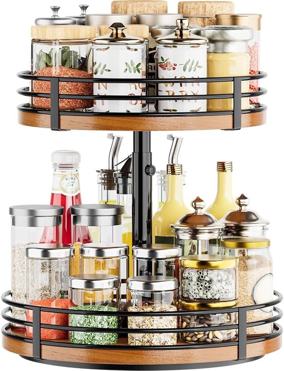 Livatto Lazy Susan draaiplateau organizer – 2 verdiepingen, verstelbaar houten kruidenrek, 30,5 cm
