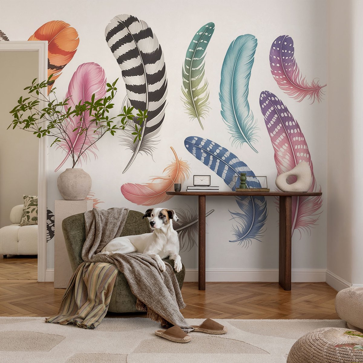 Coloray Vliesbehang - Bruin Snellijm Behang - 104x70 cm - Pastelkleurige Veren Fotobehang Vlies - Woonkamer behang Achtergronden En Patronen - Muurschildering - Woonkamer behang
