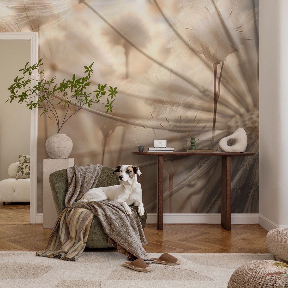 Coloray Vliesbehang - Beige Snellijm Behang - 104x70 cm - Subtiele Paardenbloemen Muurschildering - Slaapkamer behang Bloemen En Planten - Fotobehang Vlies - Gang behang