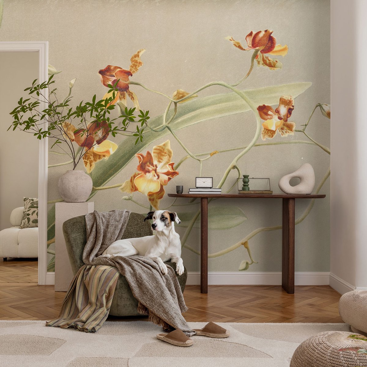 Coloray Vliesbehang - Grijs Snellijm Behang - 104x70 cm - Klassieke Orchideeën Fotobehang Vlies - Hal behang Bloemen En Planten - Muurschildering - Hal behang