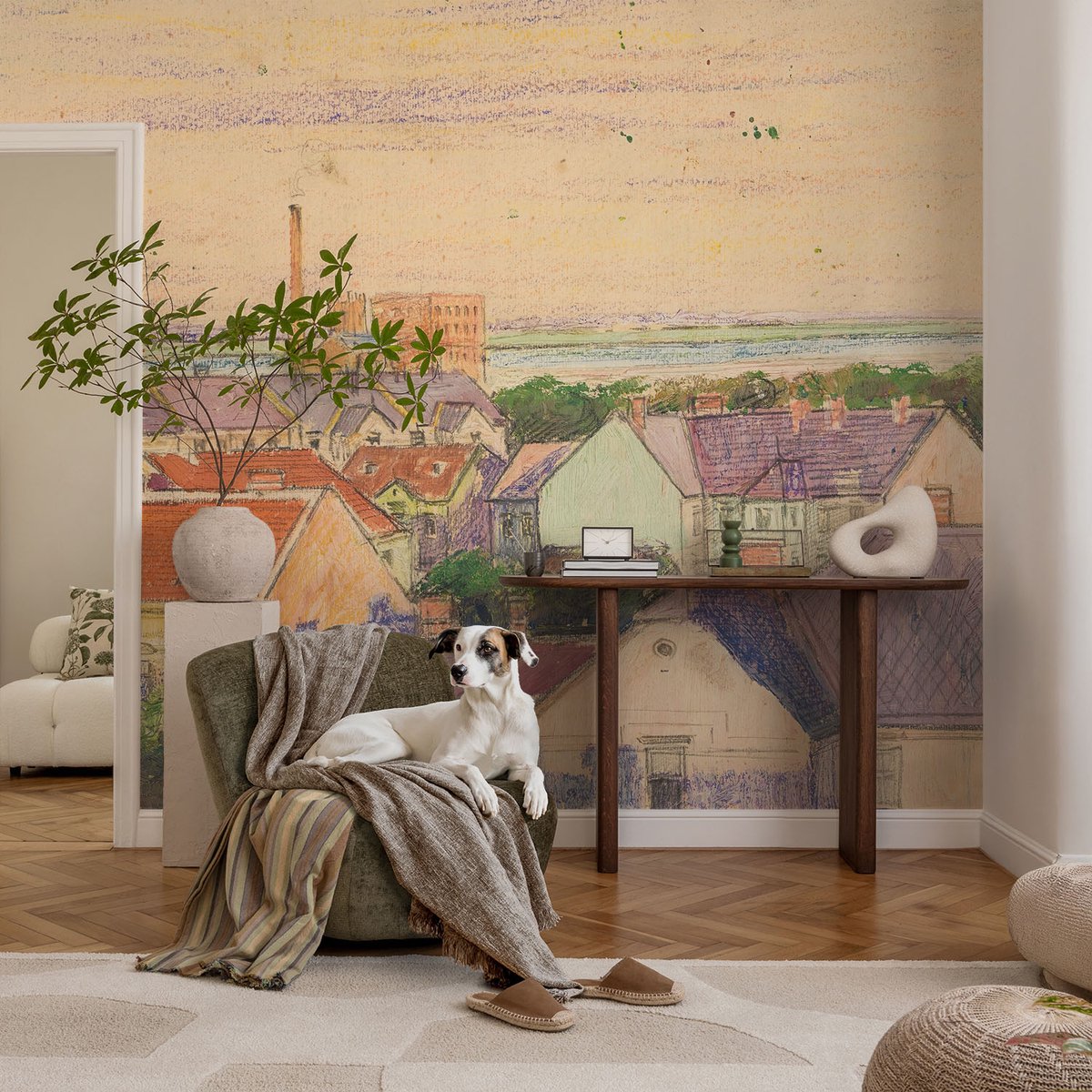Coloray Vliesbehang - Beige Snellijm Behang - 104x70 cm - Stedelijke Daken Muurschildering - Gang behang Architectuur - Fotobehang Vlies - Slaapkamer behang