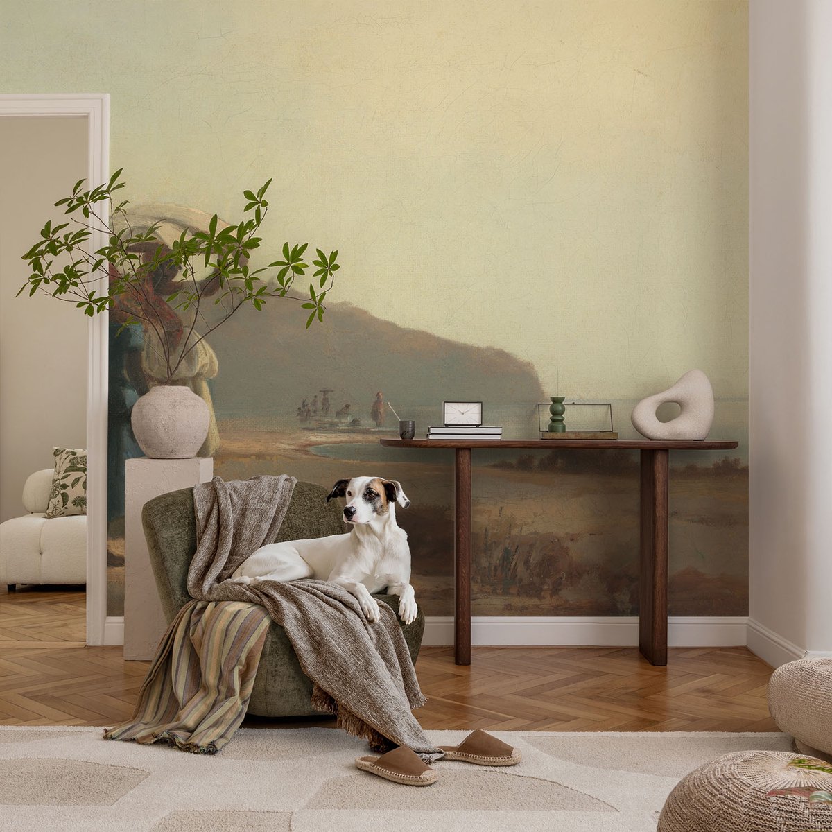 Coloray Vliesbehang - Beige Snellijm Behang - 104x70 cm - Een Wandeling Langs De Kust Muurschildering - Slaapkamer behang Landschappen - Fotobehang Vlies - Slaapkamer behang