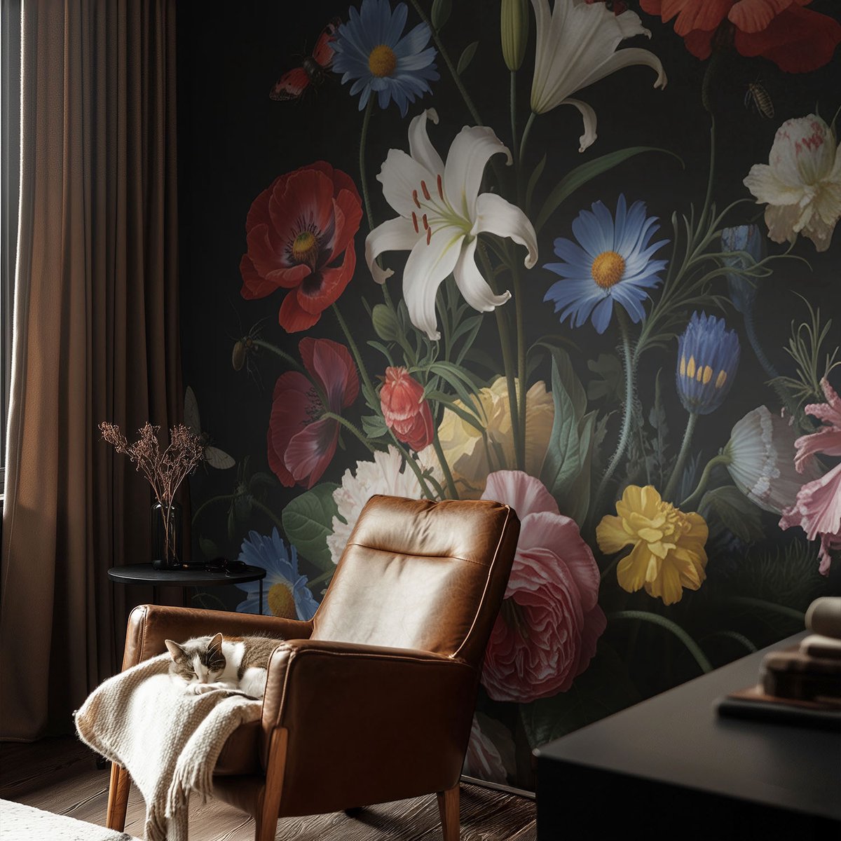 Coloray Vliesbehang - Zwart Snellijm Behang - 104x70 cm - Bloemen Met Insecten Fotobehang Vlies - Woonkamer behang Bloemen En Planten - Muurschildering - Woonkamer behang