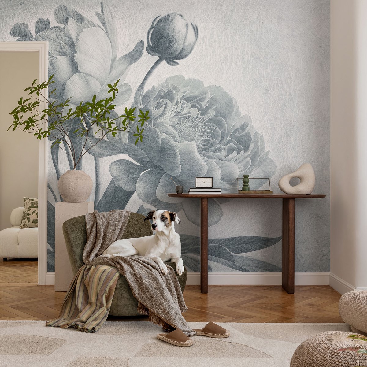 Coloray Vliesbehang - Grijs Snellijm Behang - 104x70 cm - Bloemenchic Muurschildering - Gang behang Bloemen En Planten - Fotobehang Vlies - Slaapkamer behang