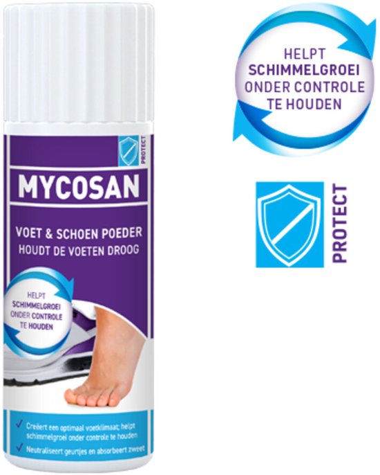 Mycosan Voet & Schoen Poeder met een afbeelding van een voet in een sneaker. 'Helpt schimmelgroei onder controle te houden'.
