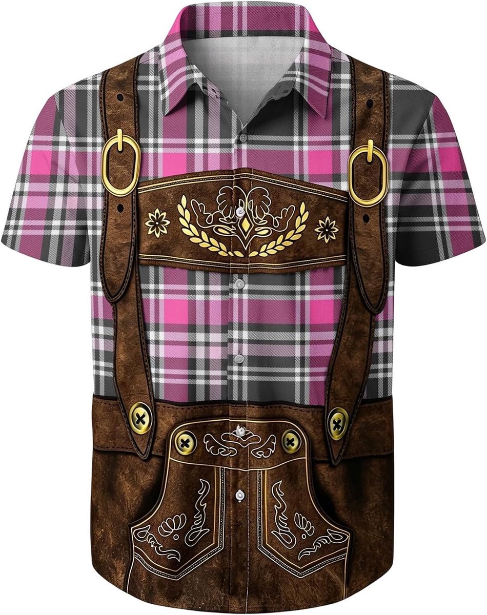Generisch Trachtenhemd Herren 3D Drucken Bierfest Hemd Oktoberfest Herren Outfit Lässig Button Down Kariertes Hemd Kurzarm Locker Retro Tops Atmungsaktiv Sommer Bayerisches Oberteil