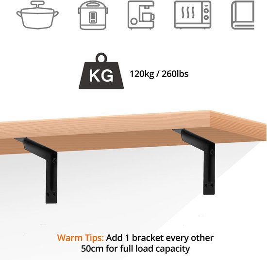 4-delige metalen wandplanksteunen voor hoeken - 90 graden planksteunen van massief staal - 290 x 145 mm - draagvermogen tot 120 kg - zwart mat - ideaal voor opslag en decoratie — afbeelding 3