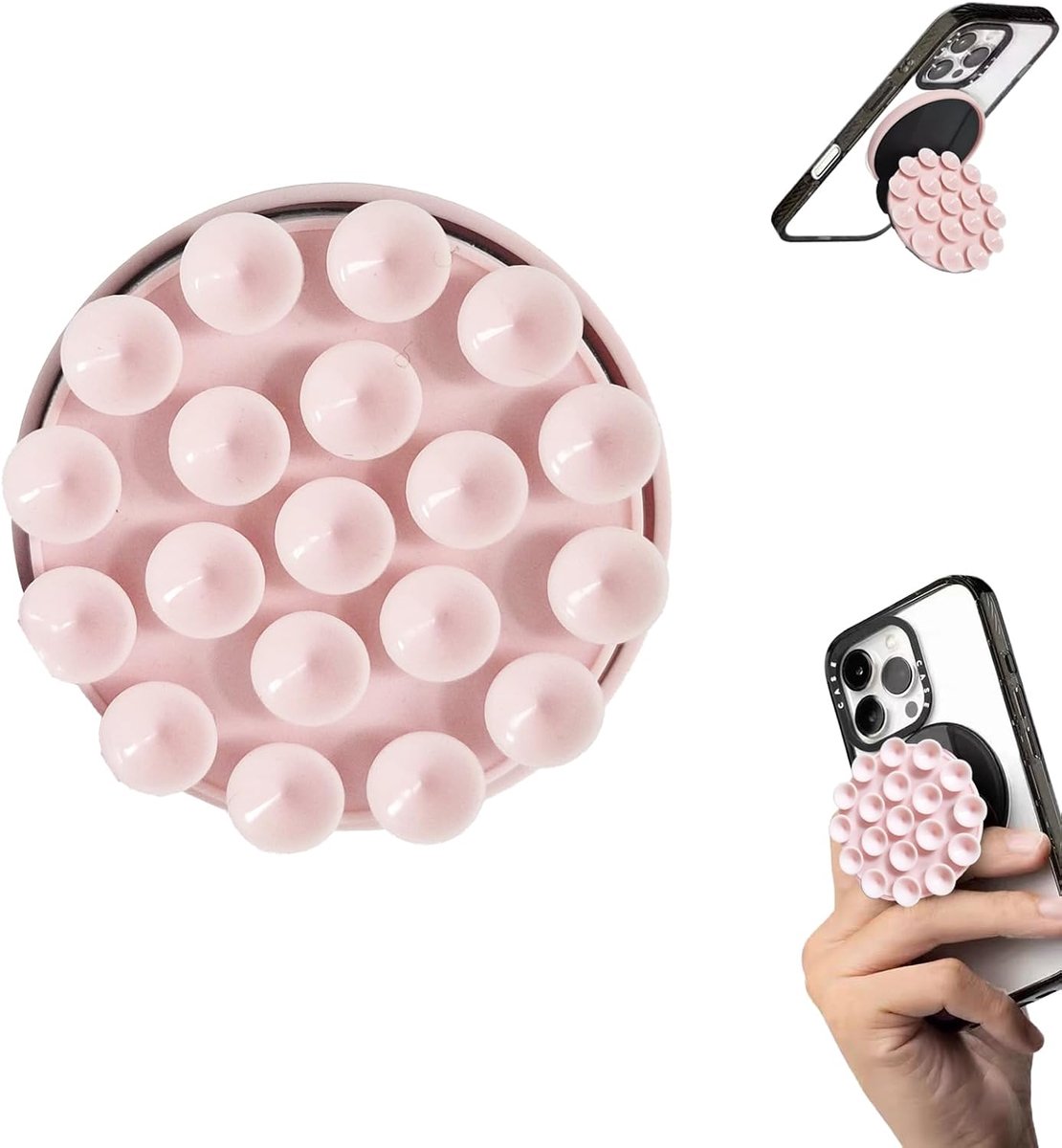 Magnetische zuignap telefoon grip standaard, compatibele Mag-Saf telefoon ringhouder met standaard, veilige grip voor handsfree kijken, voor iPhone en Android-telefoons (roze)