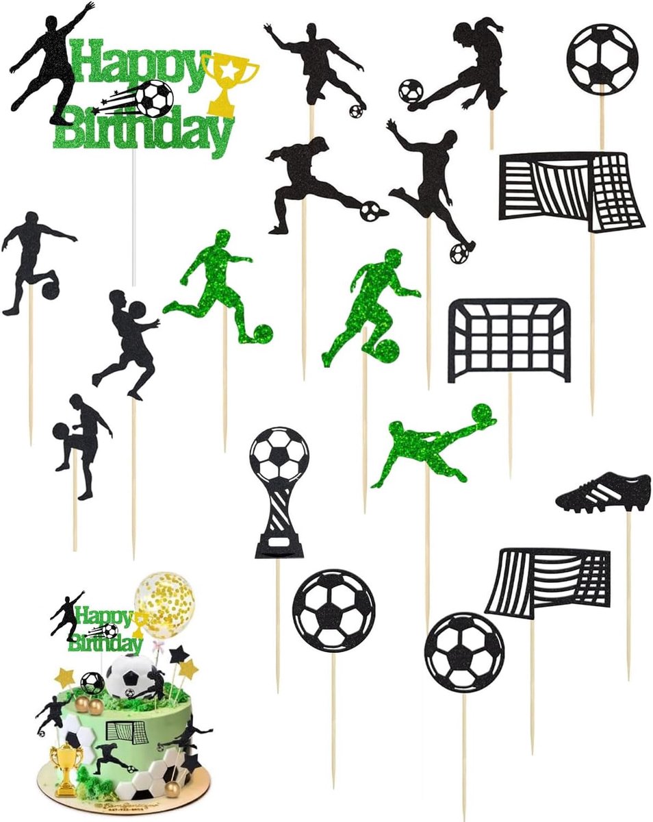 taartdecoratie, 19 stuks taarttoppers voetbal, voor verjaardag kinderen, jongen thema, voetbal verjaardagstaart figuren - G