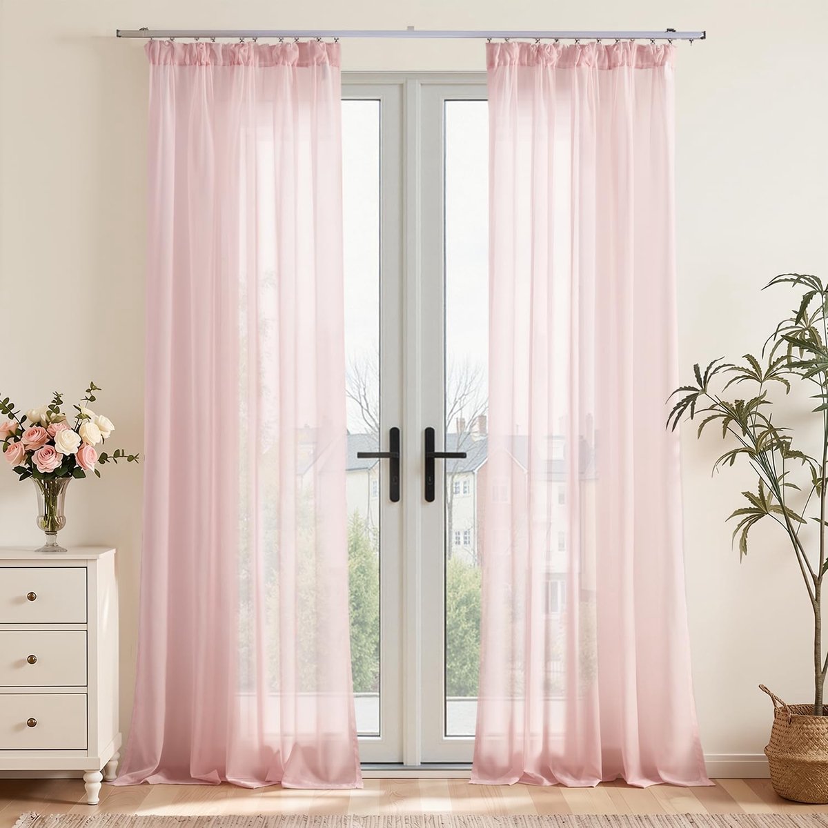 Gordijnen met plooiband, woonkamer, roze, voile, raamgordijnen, set van 2, H 260 x B 140 cm, landelijke stijl, transparant, kinderkamer, slaapkamer, moderne transparante gordijnen, woonkamer