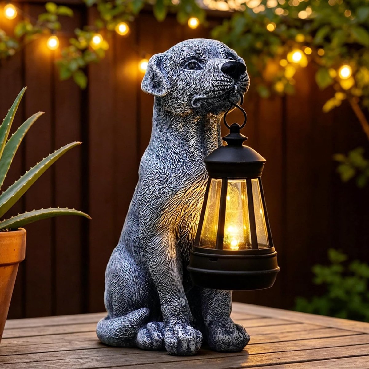 Zonnehond met een lantaarn standbeeld grijs - weerbestendig tuinornament