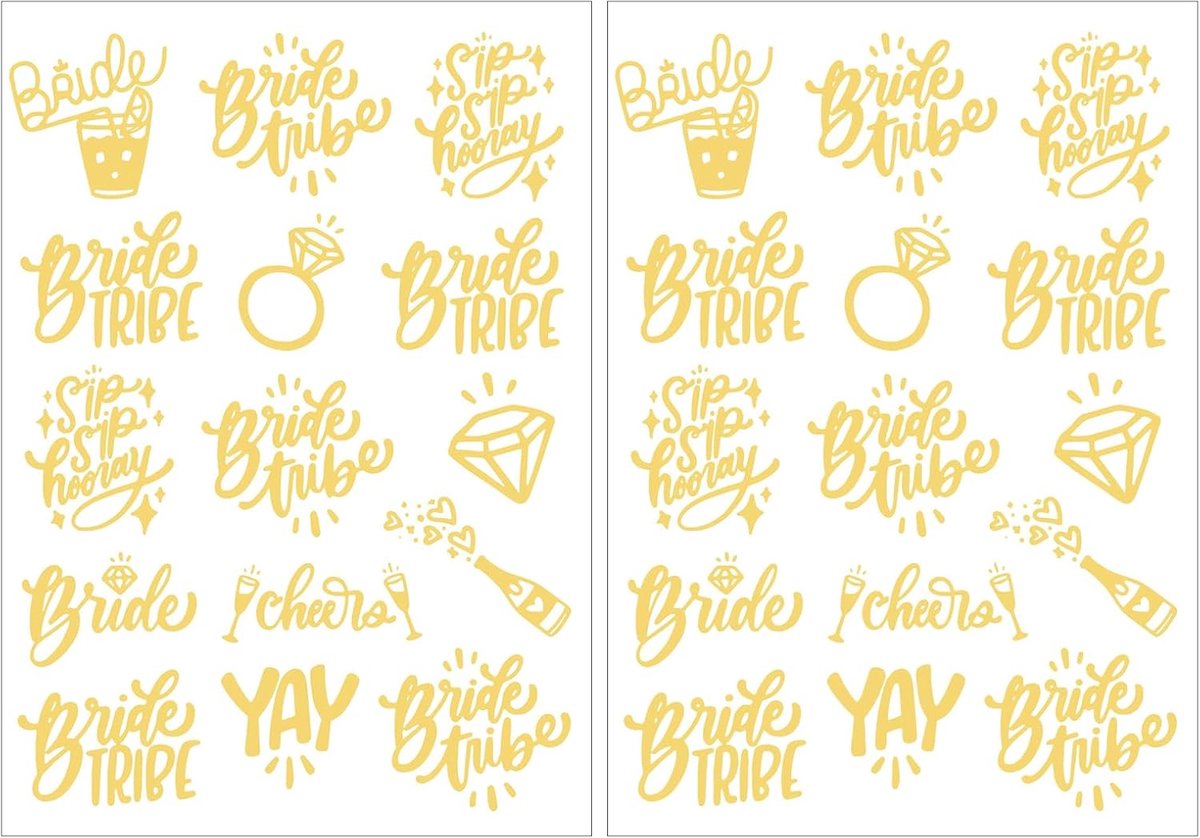 Tijdelijke tatoeages voor de bruid, 2 vellen Bride tatoeages, tatoeages voor vrijgezellenfeesten, tatoeages voor bruiloften, tijdelijke tatoeages voor vrijgezellenfeesten, tatoeages (goud)