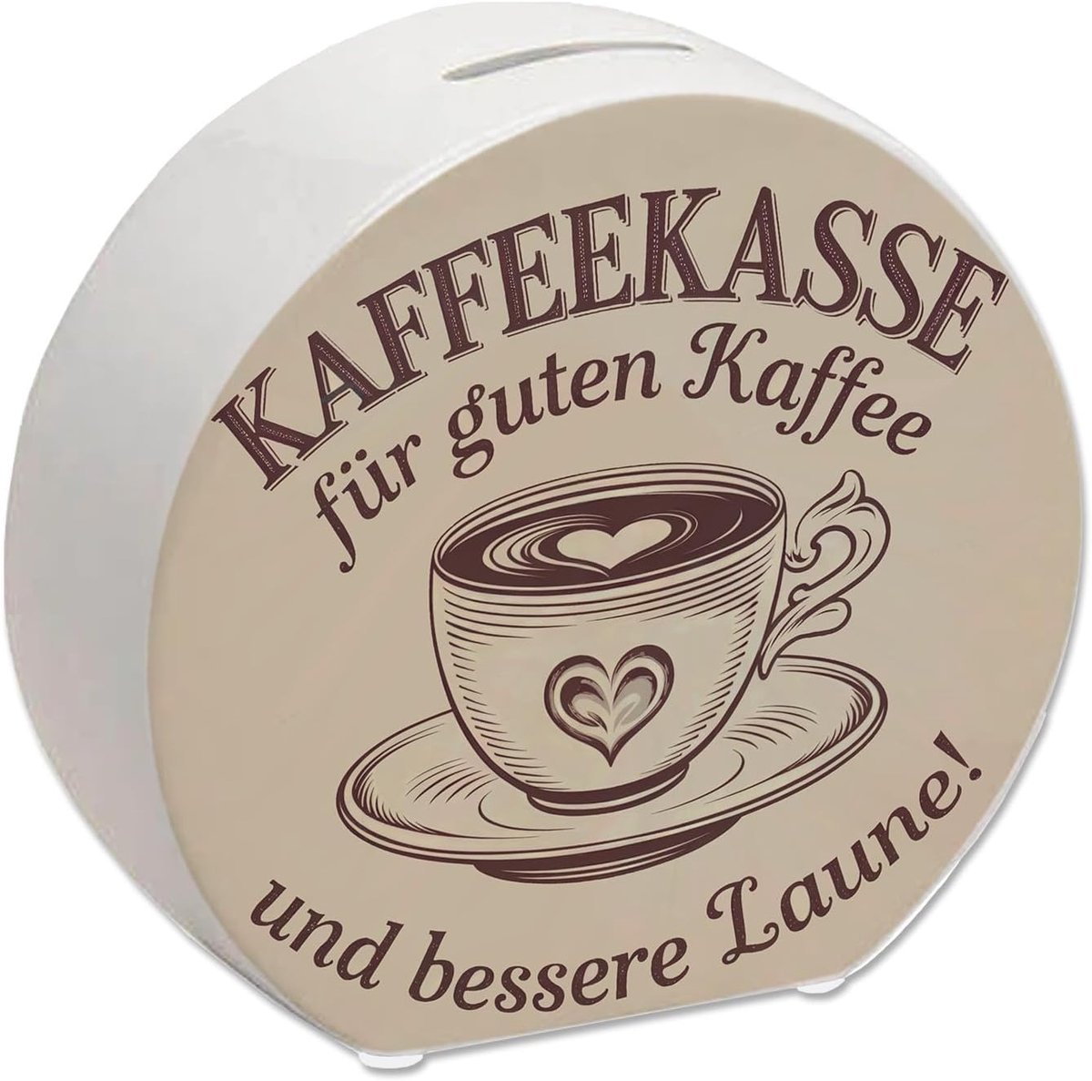 Spaarpot met koffiebeker - koffiebeker voor een goed humeur Nostalgische spaarpot in vintage-design met hartmotief beige tint en textuur voor koffieliefhebbers