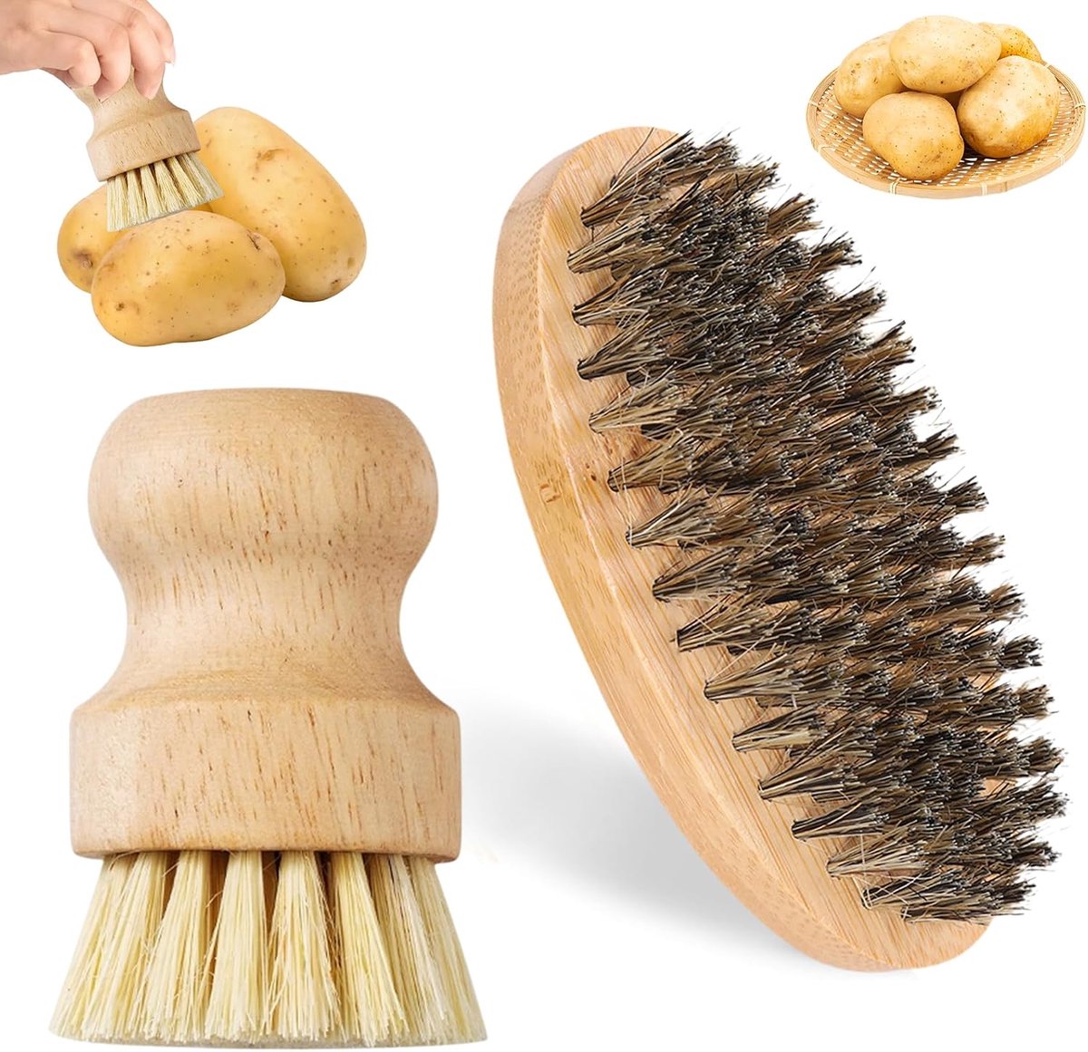 2 stuks groenteborstels, natuurlijke borstels zijn gemakkelijk te reinigen en duurzaam, aardappelborstelmix van rubberhout en sisalhaar voor wortels, fruit en paddenstoelen