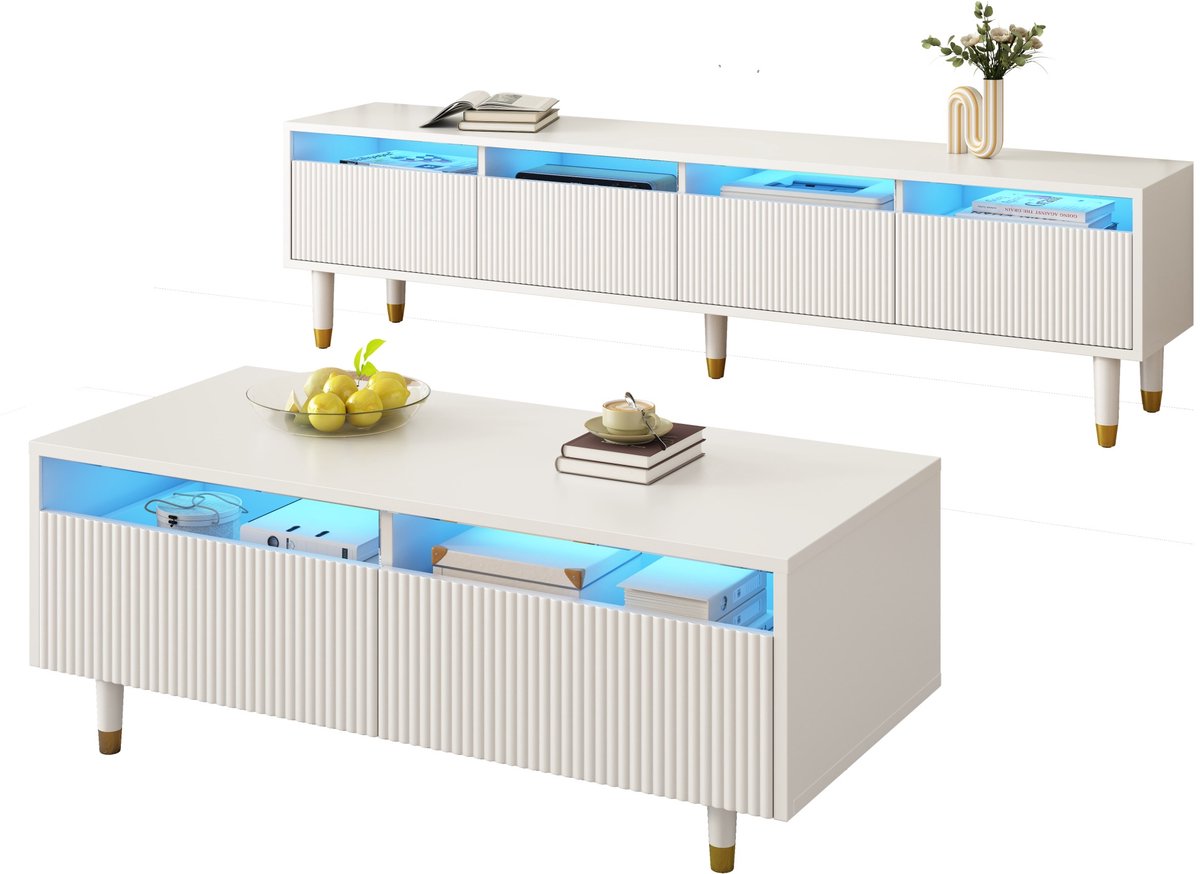 LED tv meubelset Wit-Goud 2-delig - App-gestuurde LED-verlichting - 3D-golfstructuur acrylfront - tv meubel 178 cm en salontafel 110 cm