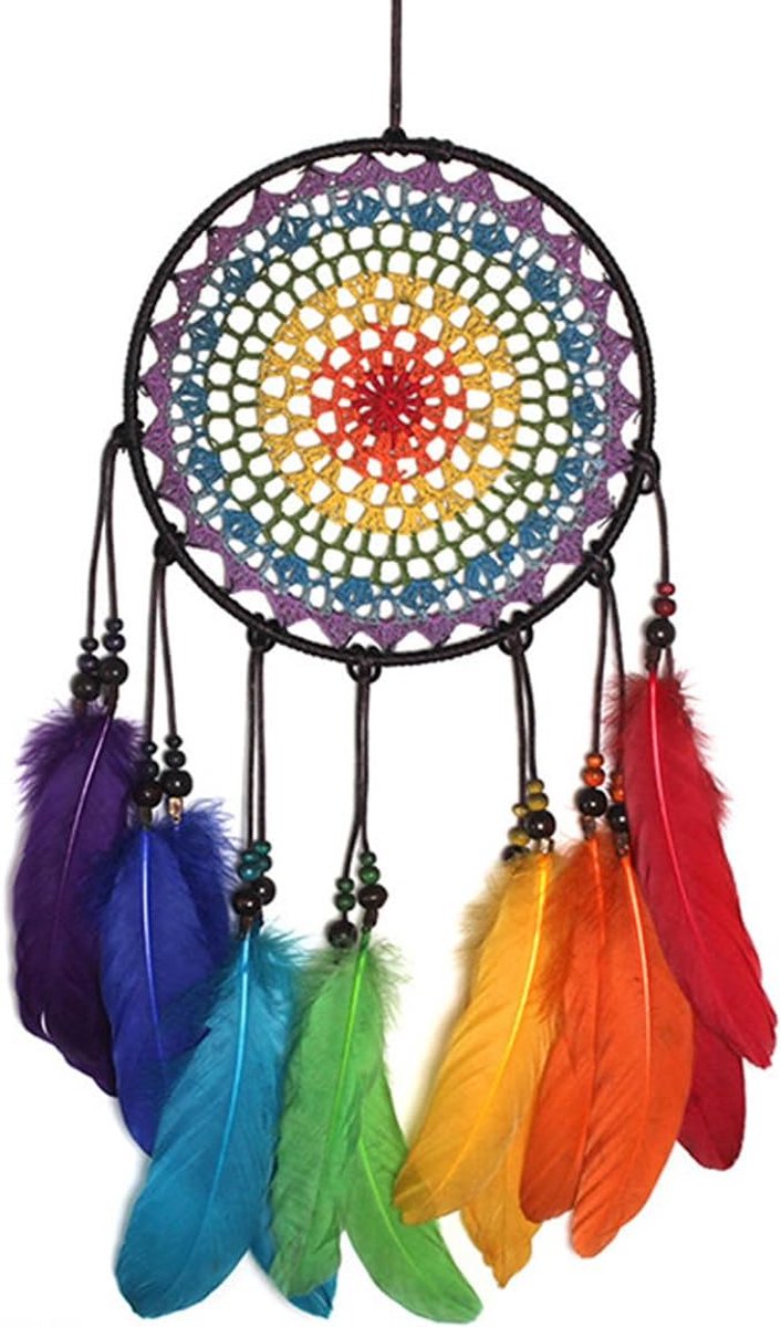 Gehaakt ornament met veren. Kleurrijk handgemaakt wandornament voor slaapkamer, woondecoratie, cadeau.