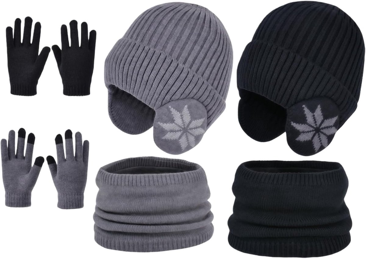 Sjaal voor kinderen, muts en halswarmer voor kinderen, wintermuts voor kinderen, sjaals, handschoenen, warme muts, touchscreen-handschoenen voor jongens, set met ronde sjaals voor 5-12 jaar