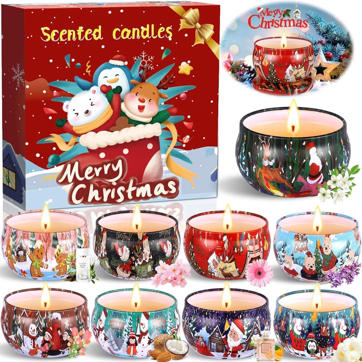 cadeauset voor Kerstmis, 9 stuks, kerstcadeauset, natuurlijke sojawas, aromatherapie, kaarsen, cadeauset voor vrouwen, voor Kerstmis, jubileum
