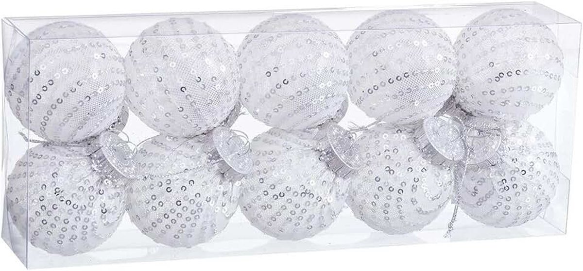 Kerstballen, wit, zilver, kunststof stof, pailletten, 6 x 6 x 6 cm, 10 stuks