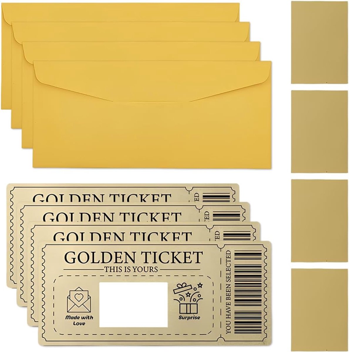 4 Stuks Gouden Ticket Kras Kaarten, Cadeaubon om Zelf te Vullen met Envelop, Verrassingscadeau voor Verjaardag Bruiloft, Kras Sticker Set