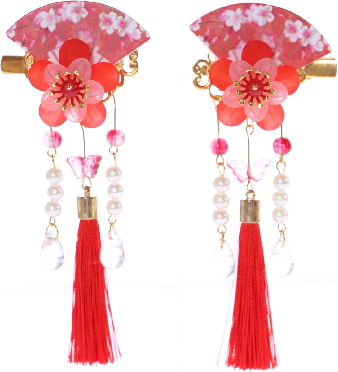 Rode waaiervorm Sakura kersenbloesem kwasten haarclip haarspeld Japan Geisha kimono China Hanfu accessoire