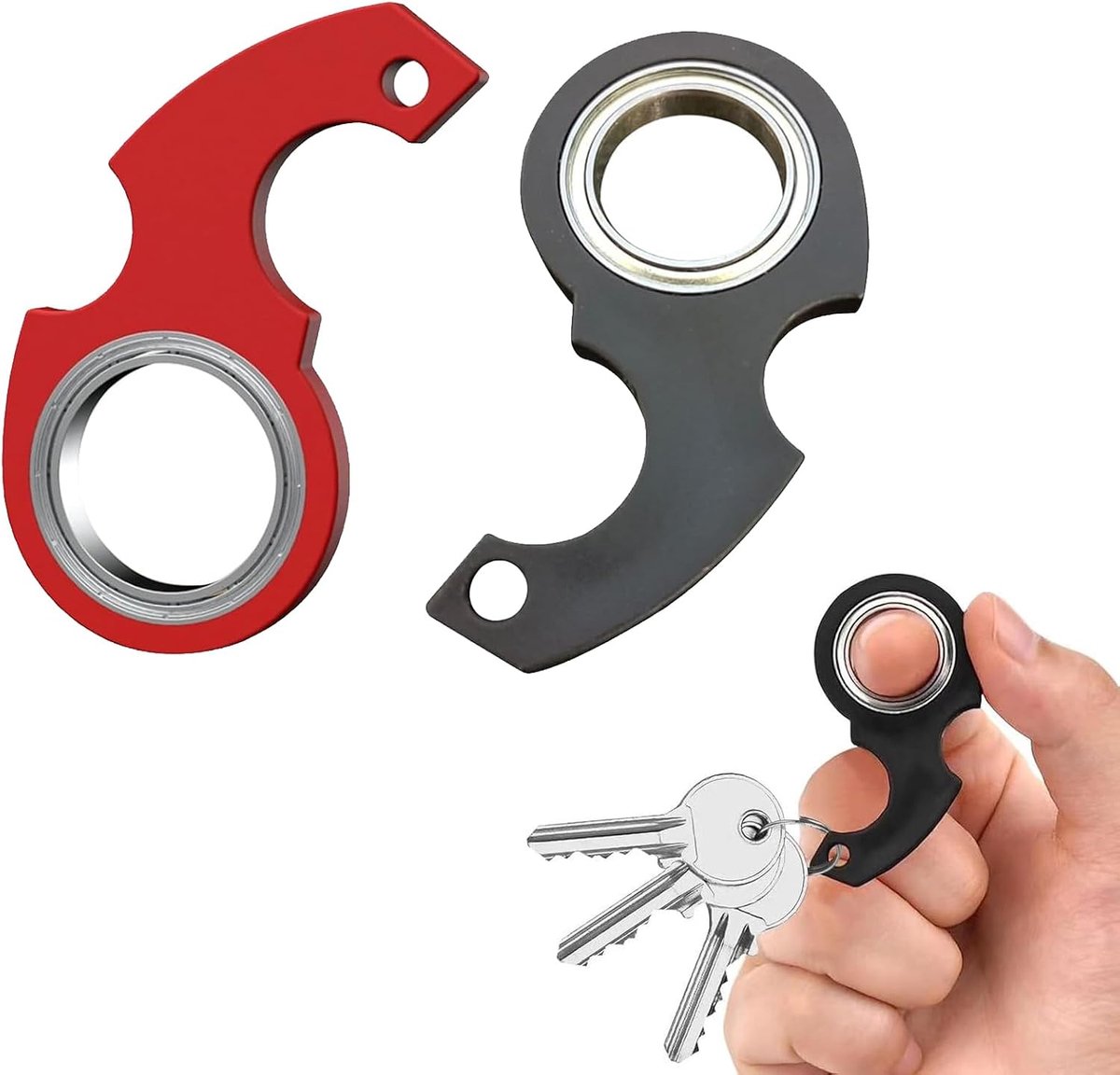 2 stuks Sleutelhanger Spinner – Draagbare Fidget Ring voor Volwassenen – Anti-stress en Concentratie – Cadeau voor Kantoor (Zwart en Rood)