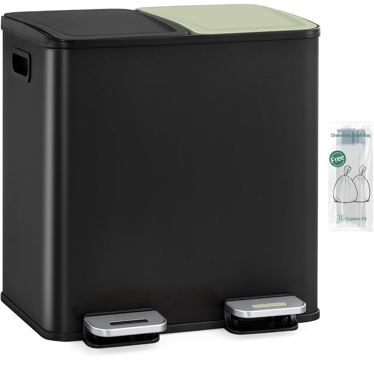 Afvalemmer keuken, 2 x 15 l, afvalscheidingssysteem 2 vakken, vuilnisemmer met gekleurd soft-close-deksel en pedaal, keukenafvalemmer met binnenemmer, staal, inclusief 15 vuilniszakken, zwart