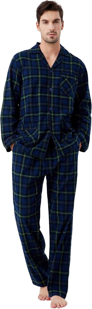 Pyjamaset voor heren van 100% katoenen flanel, geverfd garen, comfortabel, broek met zakken, tailleband met trekkoord, winterpyjama voor heren
