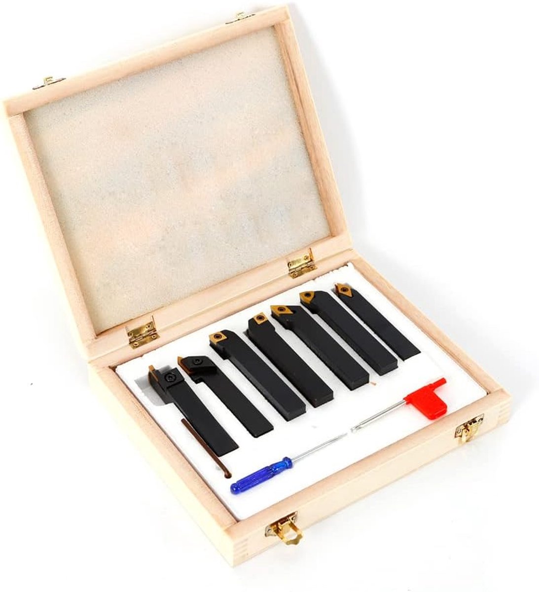 Draaibank Tools Set van 7 CNC Draaigereedschap, Wolfraamcarbide voor carbide draaibank, 16 mm indexeerbare beitel met houten koffer