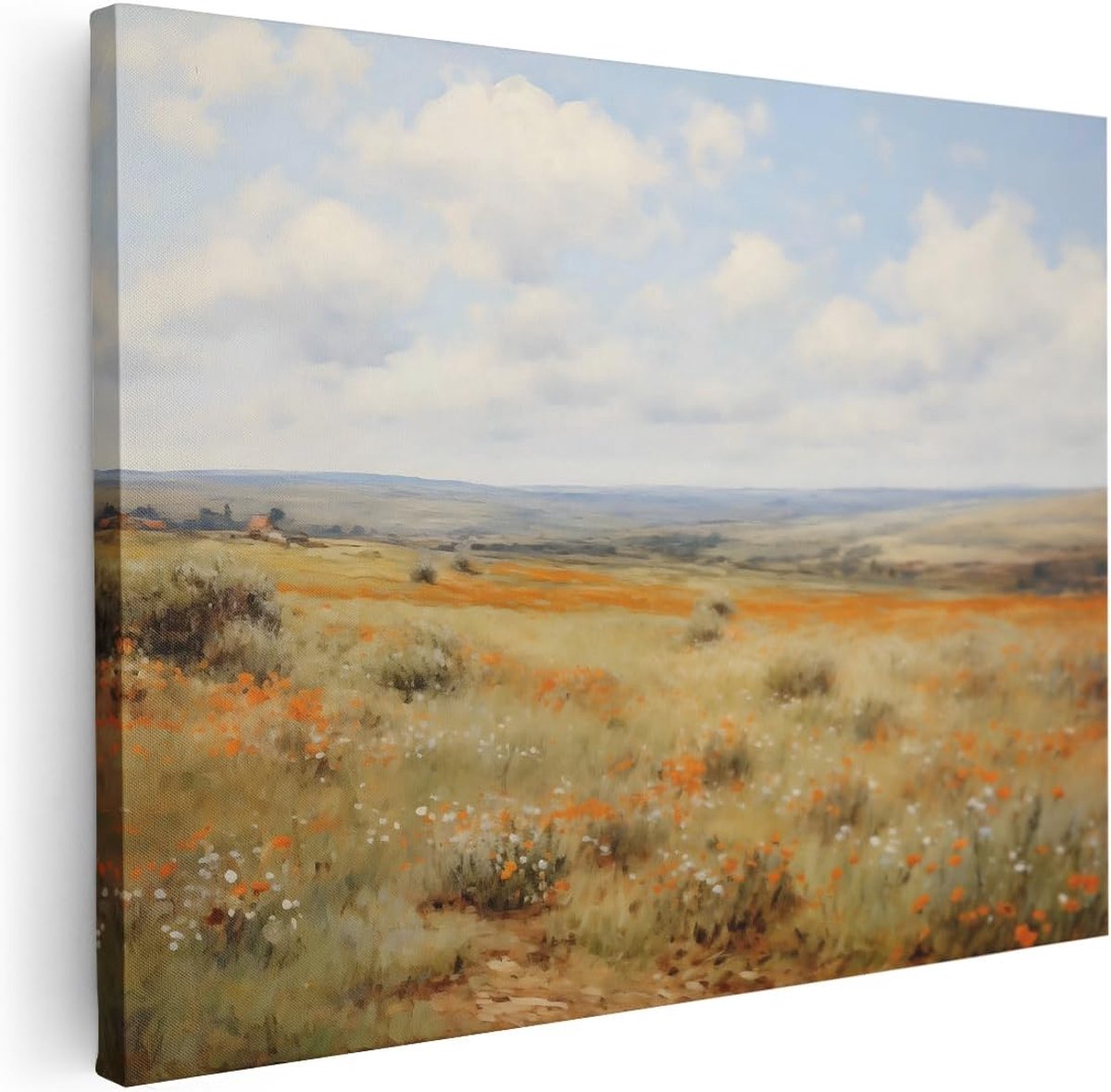 Canvas Schilderij Bloemenveld - 40x30 cm - Klein - Wanddecoratie Landelijk - Muurdecoratie Natuur - Decoratie Klaprozen Woonkamer