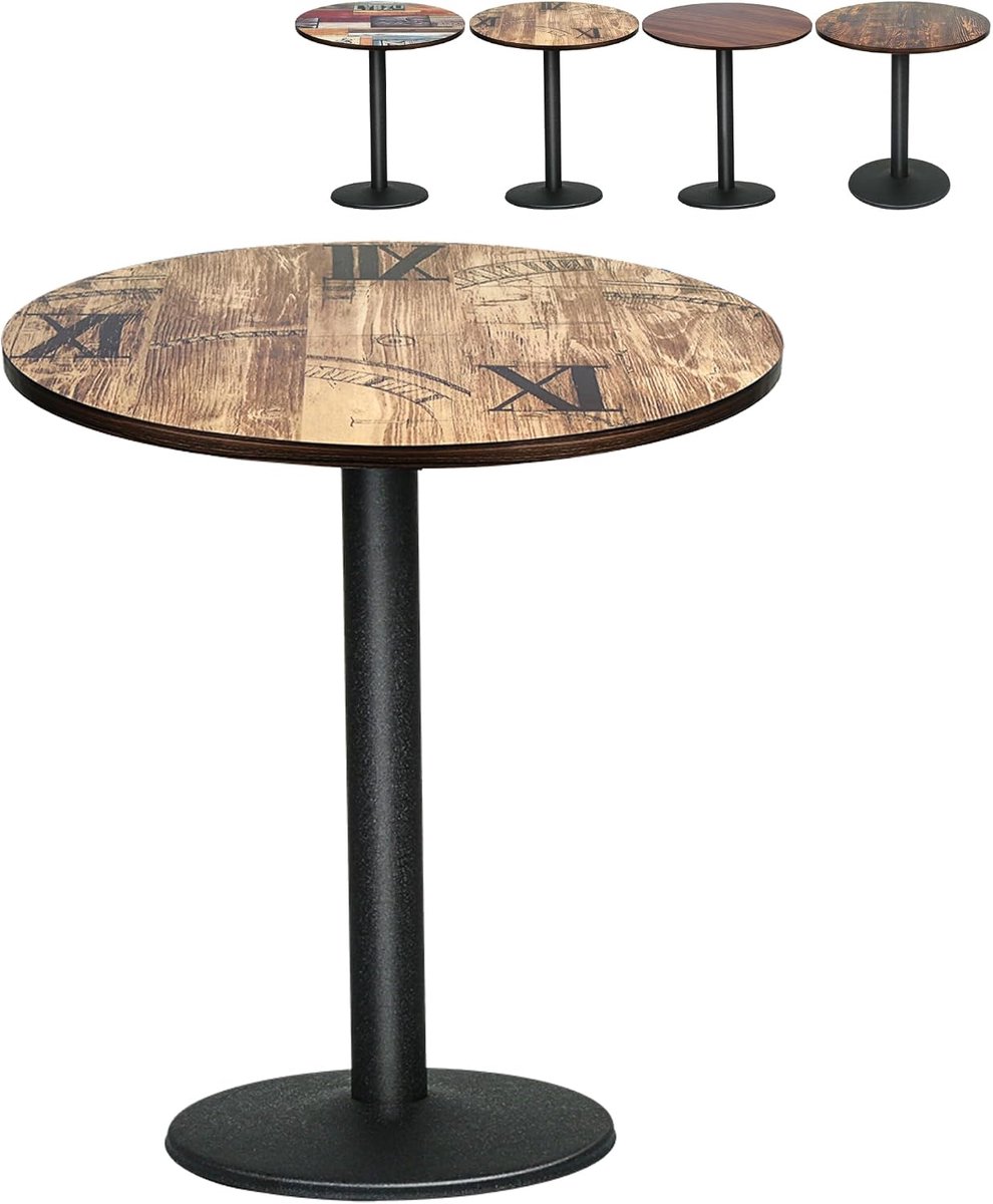 Eettafel voor 4 personen, φ70 cm, industriële keukentafel met ijzeren voet, bistrotafels/eetkamer/woonkamer (bruin-zwart, Romeinse cijfers)