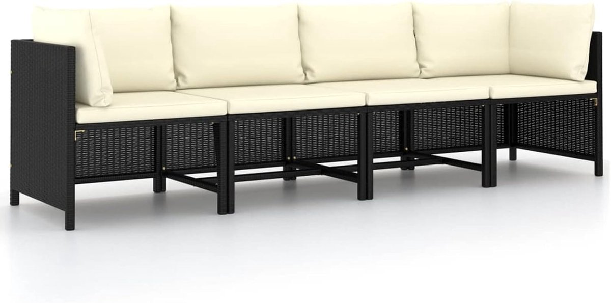 Bankset, voor buiten, 4-zits, van polyrotan, zwart, crèmewit, tuinmeubelen, woonkamer, outdoorbank, bank, 4-zits, tuinbank, terras