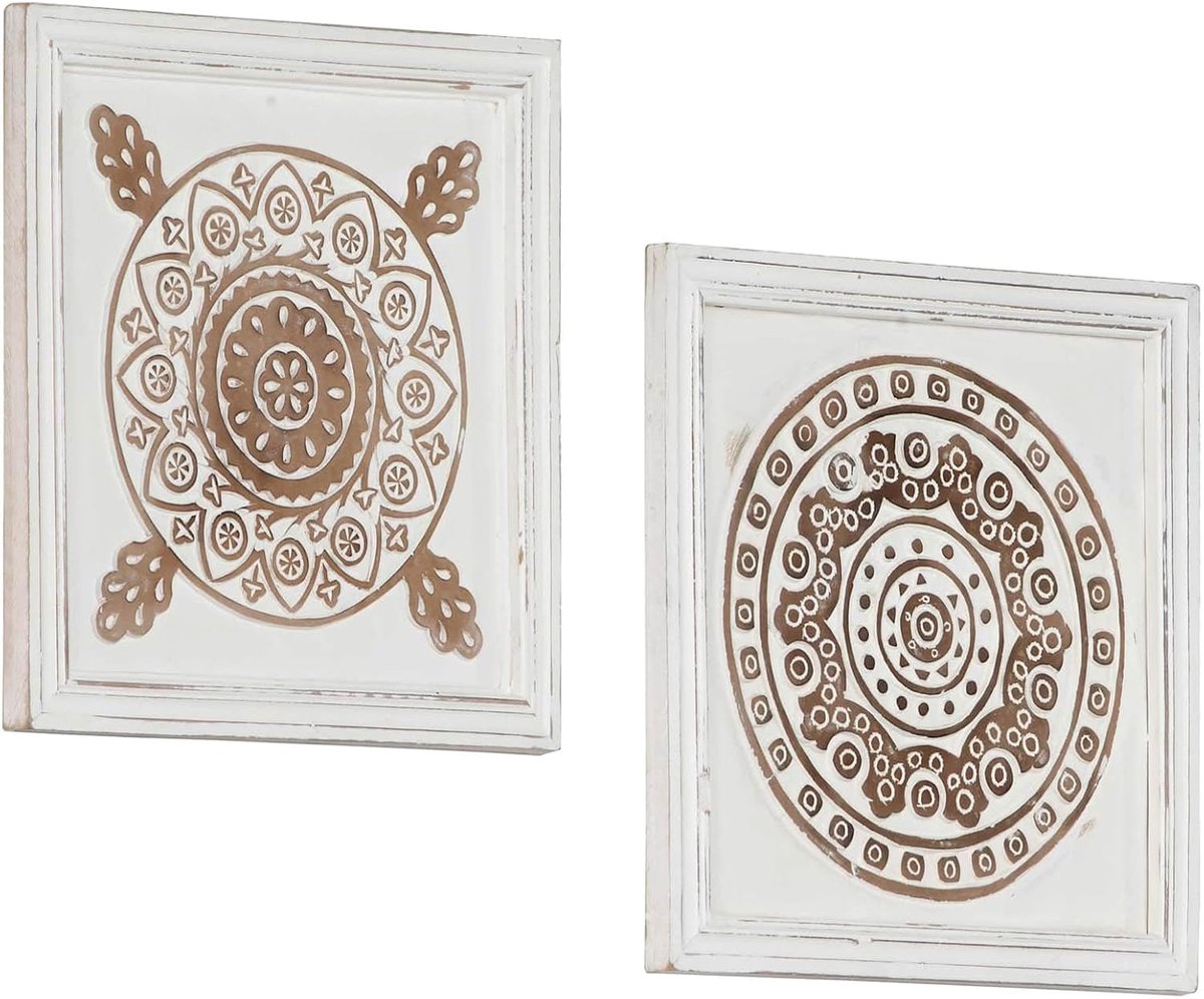 Set van 2 houten wanddecoratie, bruin en wit, 40 x 40 cm, moderne muurkunst voor woonkamer, slaapkamer, hal
