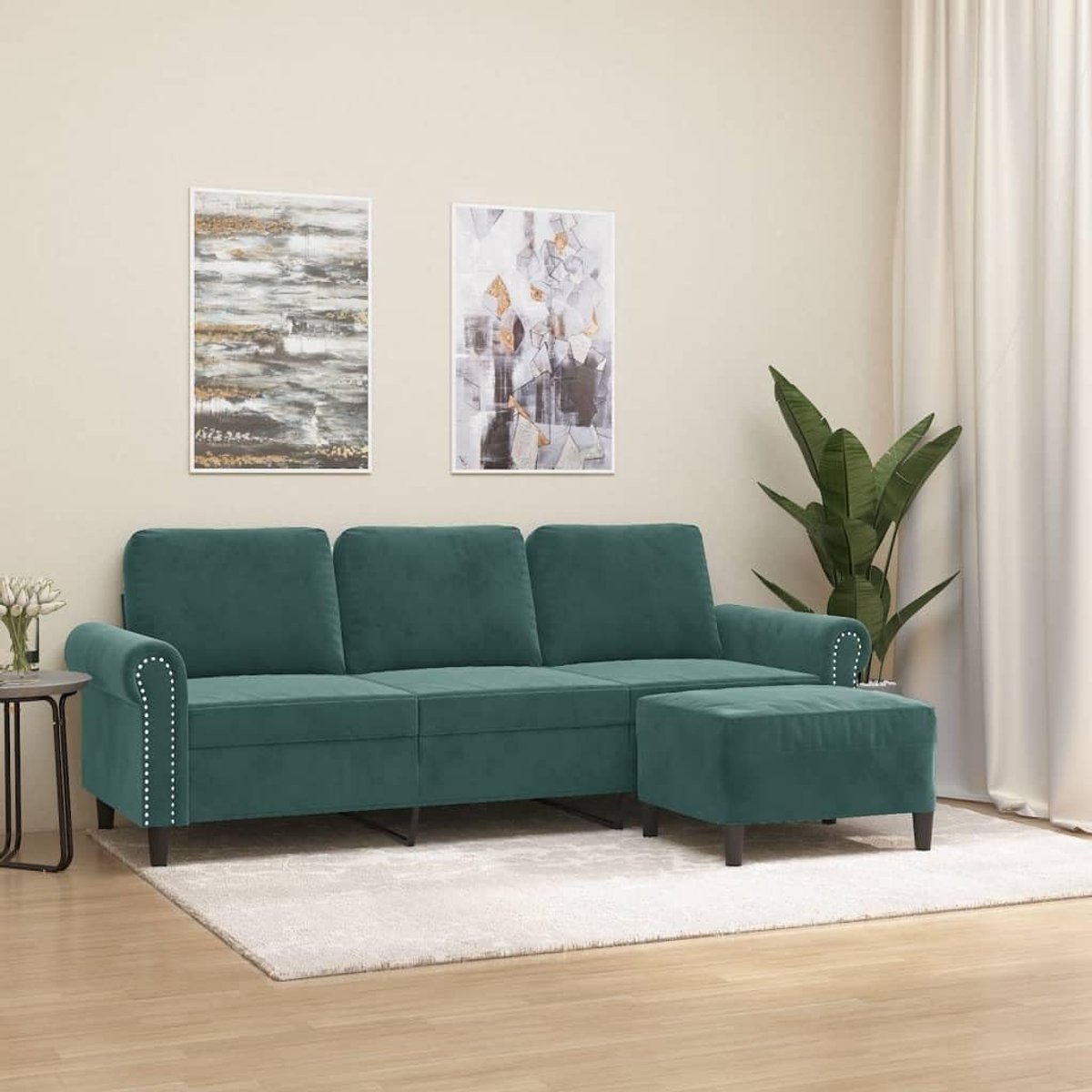 3-zitsbank met kruk, slaapbank, gestoffeerde bank, loungesofa, gastenssofa, modern, tuinbank, bedbank voor woonkamer, woning, kantoor, donkergroen, 180 cm, fluweel